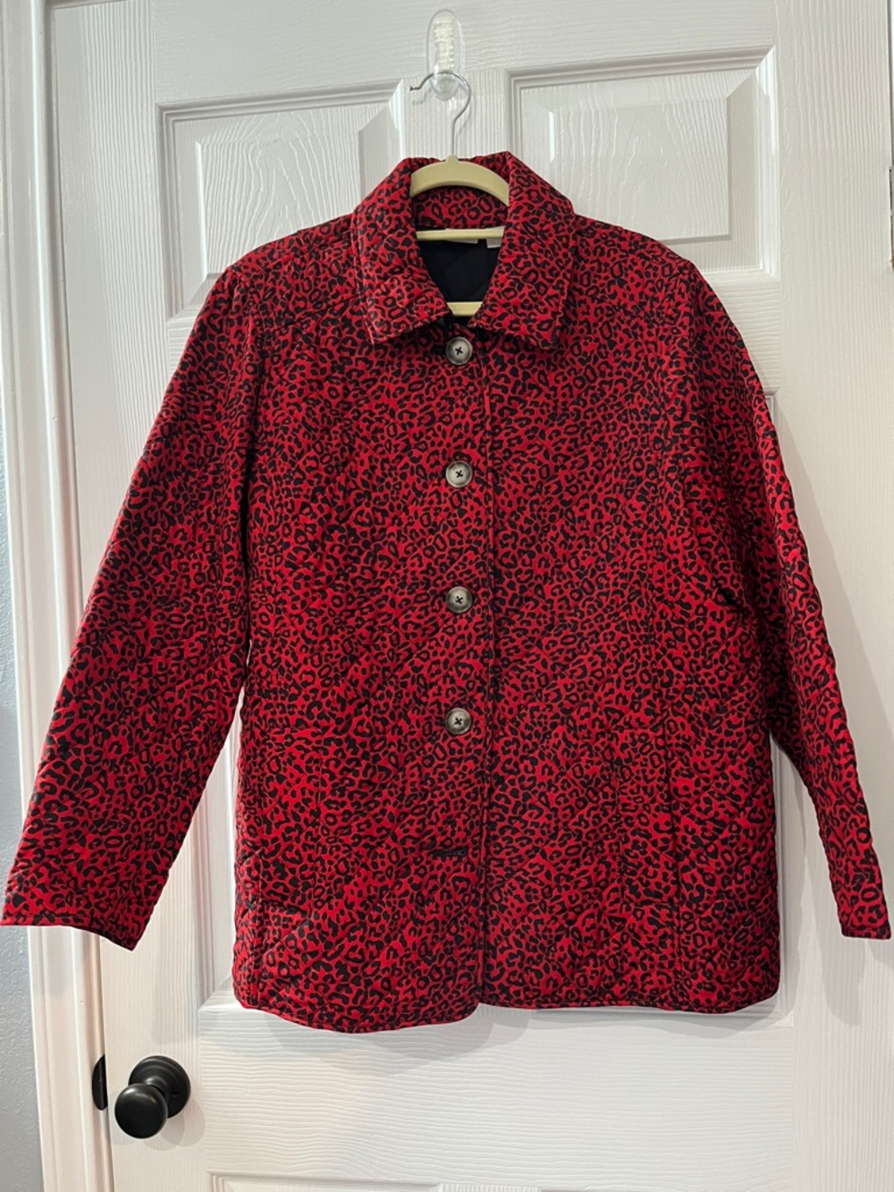 Chico's Red and Black Leopard Print Button-Front Jacket